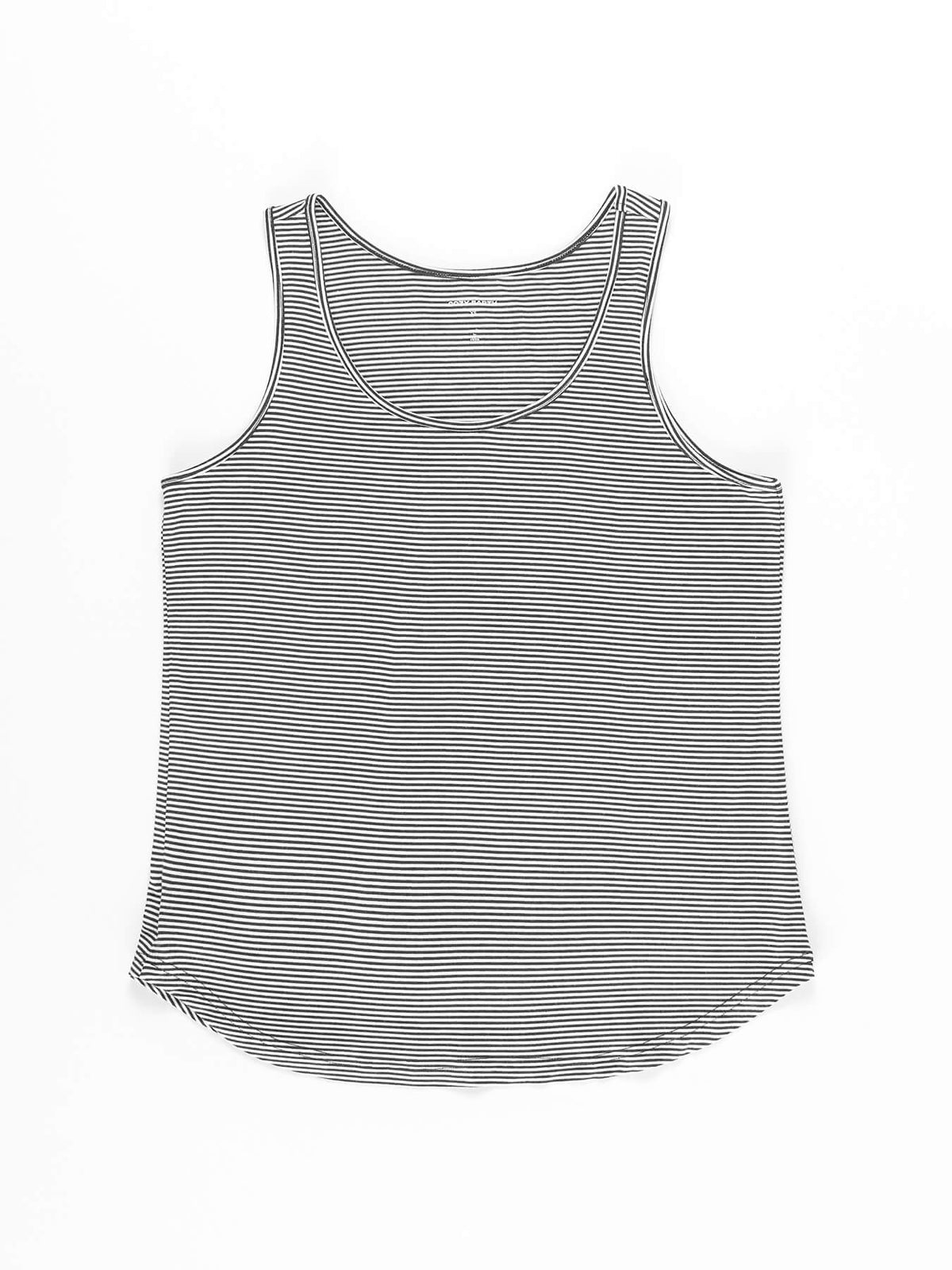 The Women's Bamboo Stretch-Knit Lounge Tank by Cozy Earth is laid flat against a white background, showcasing its black and white horizontal stripes, scoop neckline, and curved hemline. |Color:Eclipse Mini Stripe