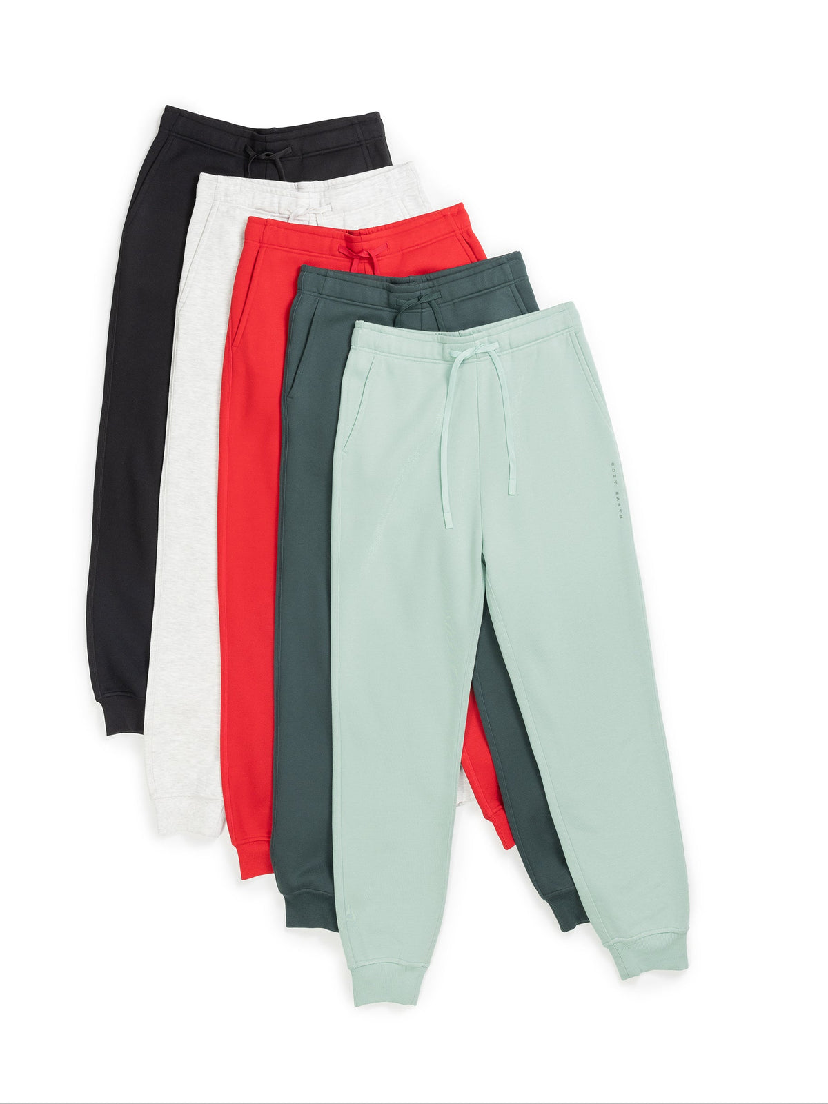 Five pairs of the Men's CityScape Jogger from Cozy Earth in black, white, red, dark green, and light green are neatly displayed. Each pair features an elastic waistband and drawstring. |Color:Crimson