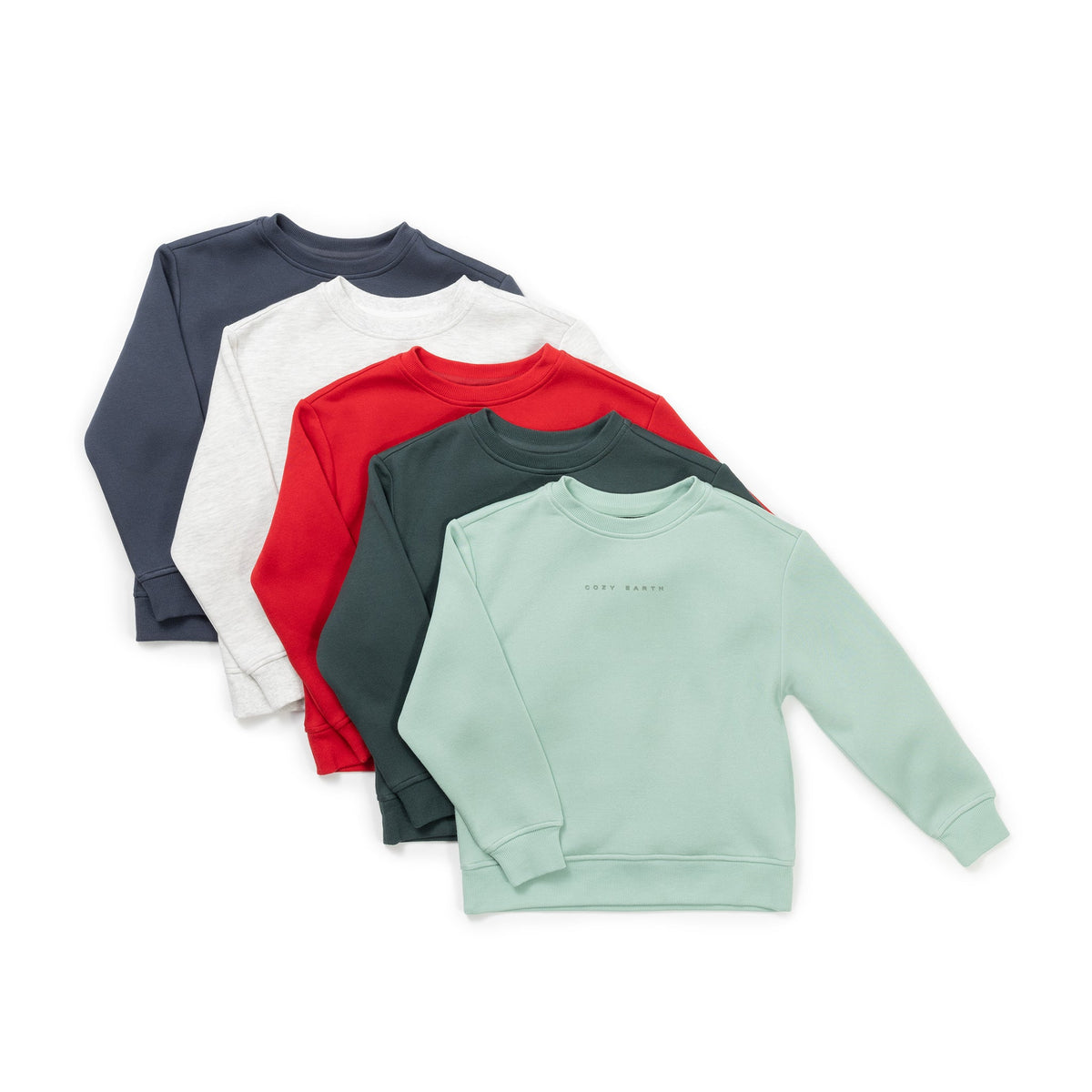 The Kid's CityScape Crewneck sweatshirts from Cozy Earth, available in dark gray, white, red, and light green colors, are arranged in a fanned layout on a white background. |Color:Heather Grey