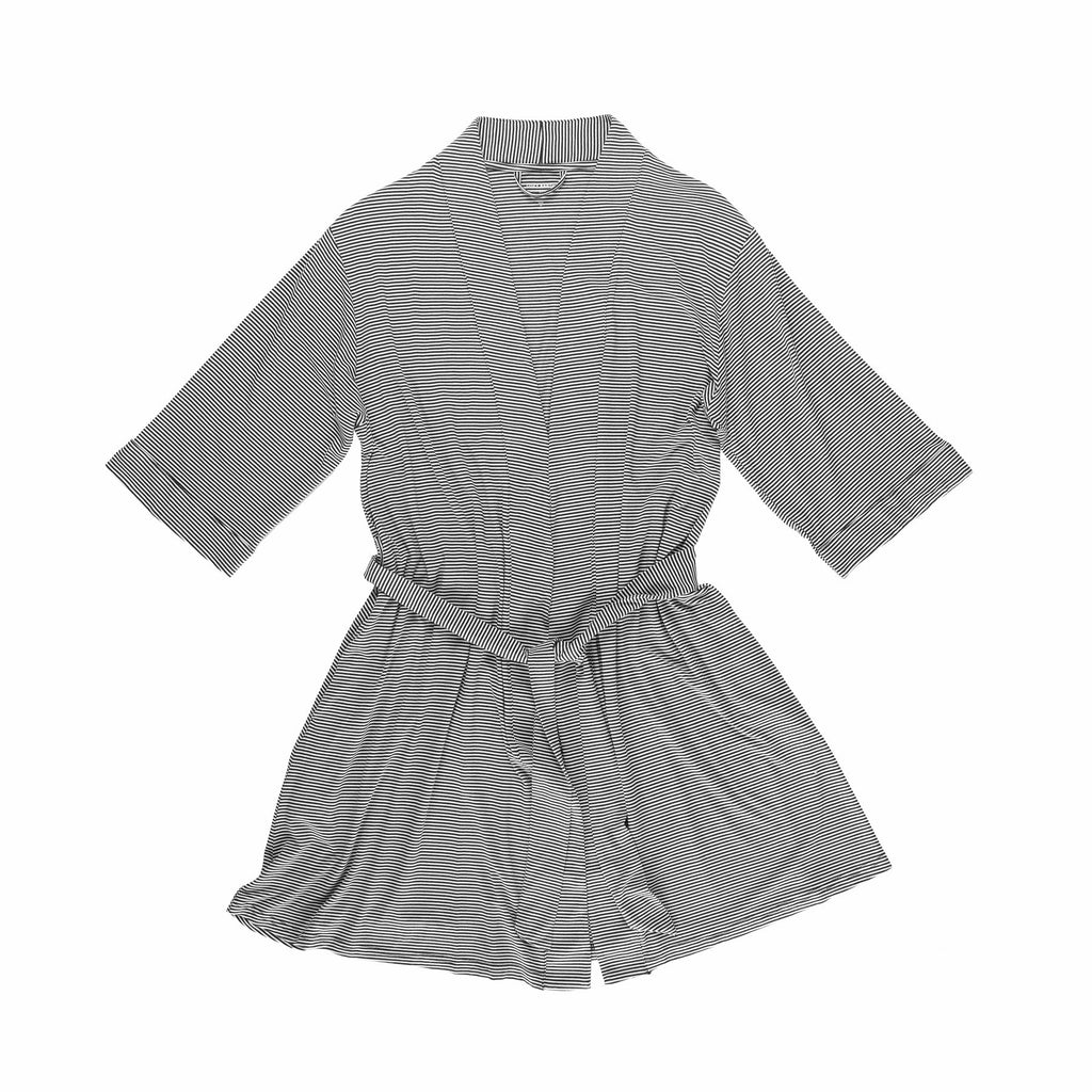 The Women's Bamboo Stretch-Knit Kimono Robe by Cozy Earth is displayed flat on a white background, showcasing its front. The gray, short-sleeved robe features a belt and fine horizontal stripes. |Color:Eclipse Mini Stripe
