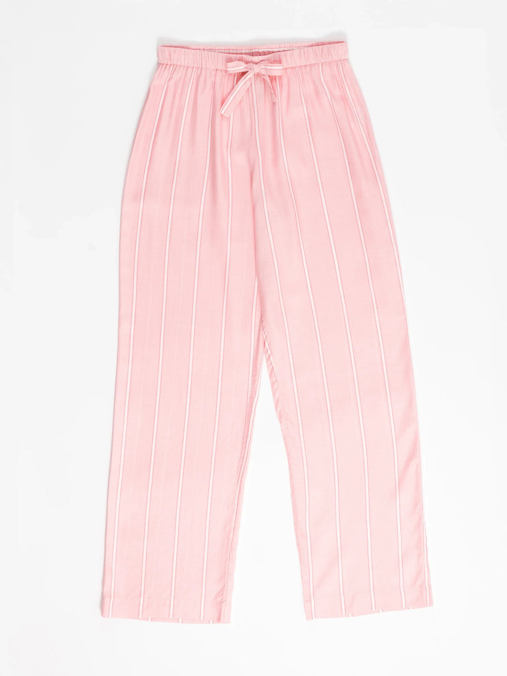 The Women's Soft Woven Pajama Pant by Cozy Earth is pink with white vertical stripes, featuring an elastic waistband and front tie, displayed on a white background. |Color:Sweetheart Stripe