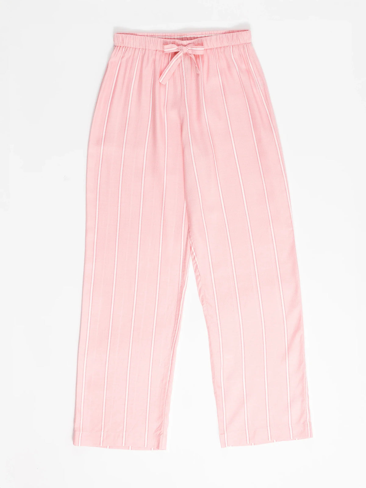 The Women's Soft Woven Pajama Pant by Cozy Earth is pink with white vertical stripes, featuring an elastic waistband and front tie, displayed on a white background. |Color:Sweetheart Stripe