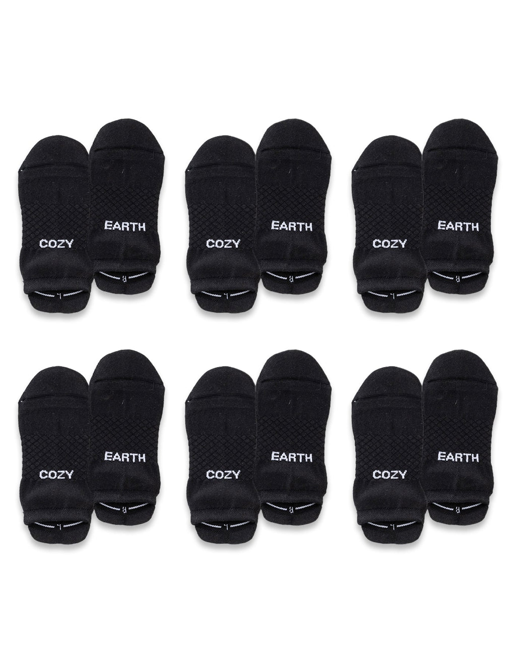 Six pairs of black Essential Ankle Socks by Cozy Earth are arranged in two rows, each pair featuring the brand's name in white text near the toes. |Color:Black