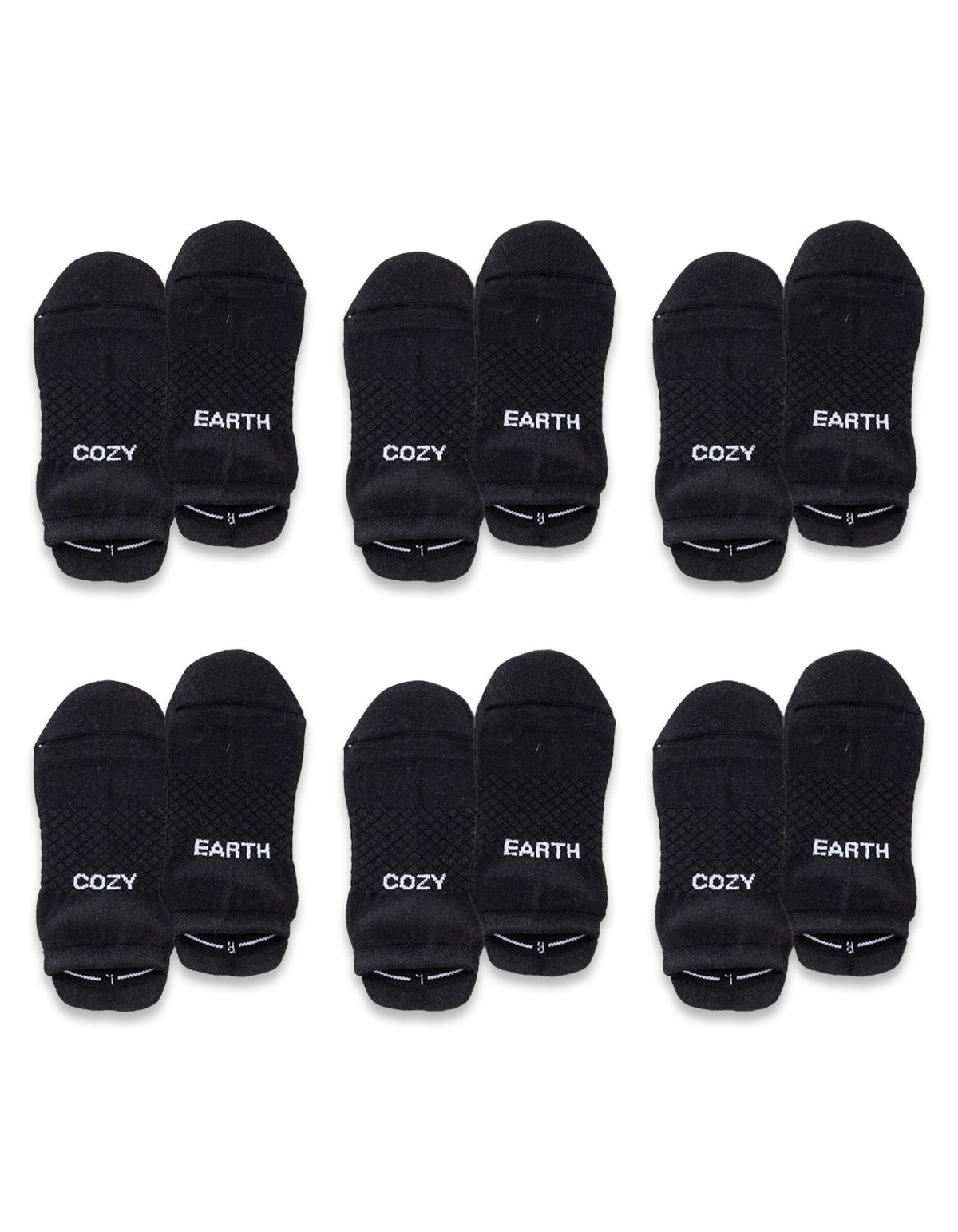 Six pairs of black Essential Ankle Socks by Cozy Earth are arranged in two rows, each pair featuring the brand's name in white text near the toes. |Color:Black
