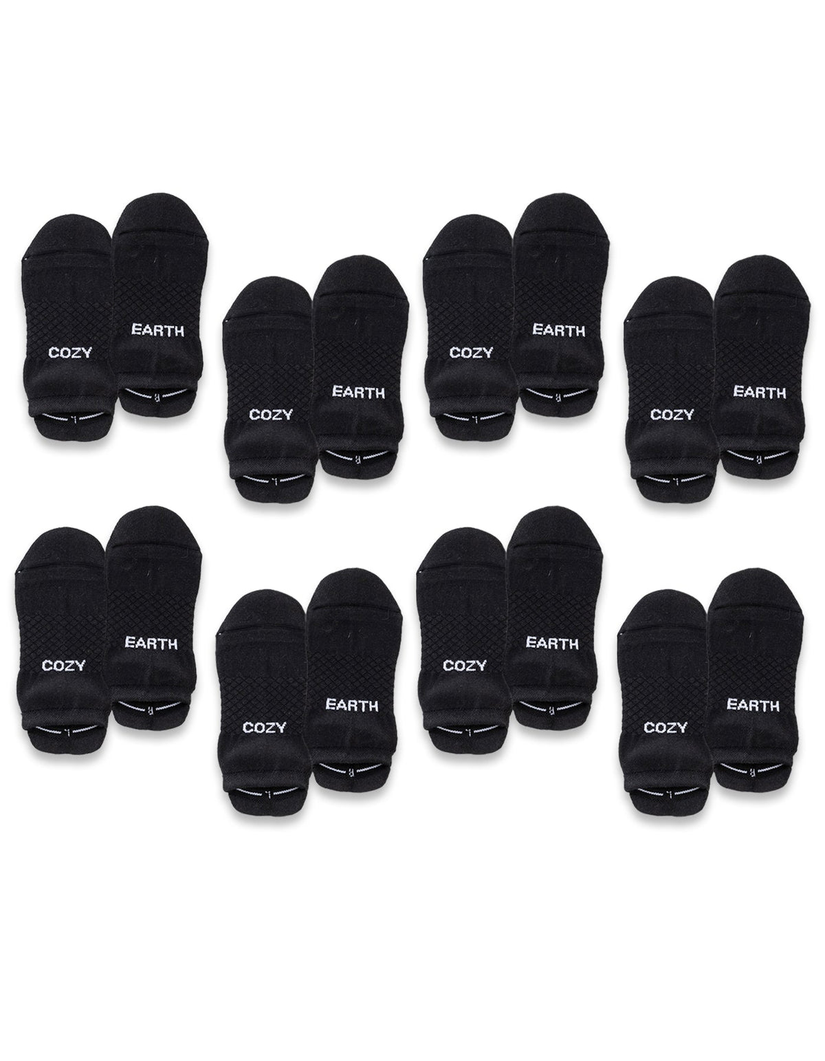 The Cozy Earth Essential Ankle Sock 8-Pack features black ankle socks with a simple, solid design. Each pair displays either "COZY" or "EARTH" in white on the toes. Socks are neatly arranged in rows. |Color:Black
