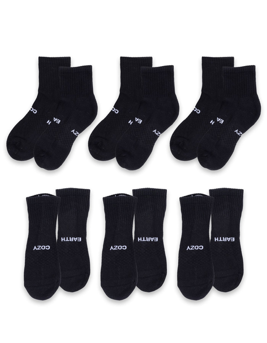 Six pairs of Essential Quarter Socks by Cozy Earth are arranged in two rows, with the sock bottoms featuring "COZY" and "EARTH" in white text. |Color:Black
