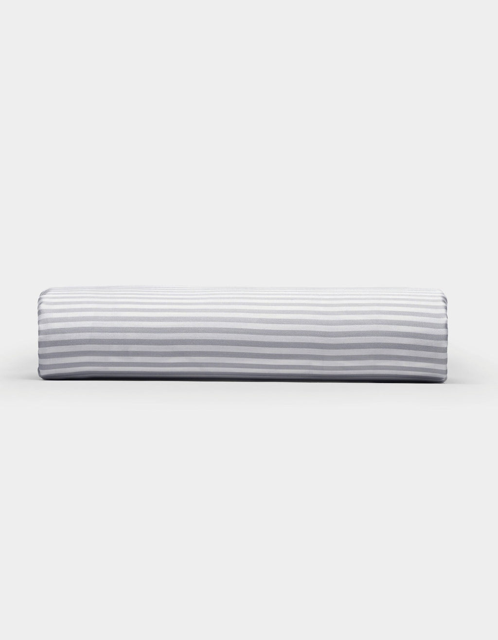 A Bamboo Fitted Sheet by Cozy Earth, featuring a light gray and white horizontal striped pattern, photographed on a plain white background.|Color:Classic Stripe in Dew
