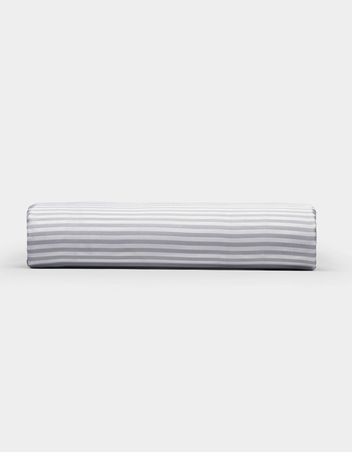 A Bamboo Fitted Sheet by Cozy Earth, featuring a light gray and white horizontal striped pattern, photographed on a plain white background.|Color:Classic Stripe in Dew
