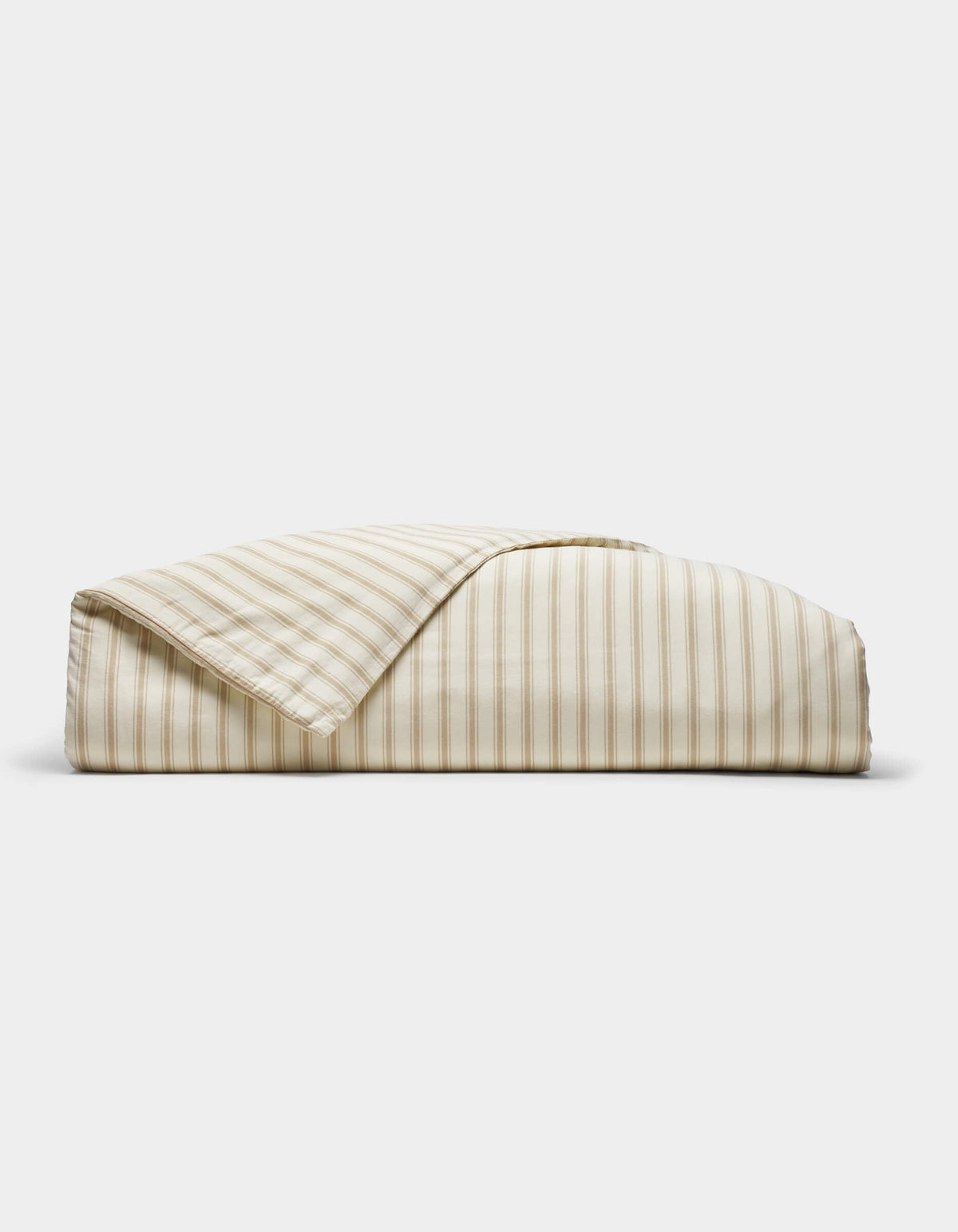 The Cozy Earth Soft-Wash Cotton Duvet Cover, featuring beige and white vertical stripes, is neatly folded and displayed against a plain white background.|Color:Coconut and Sandalwood Stripe