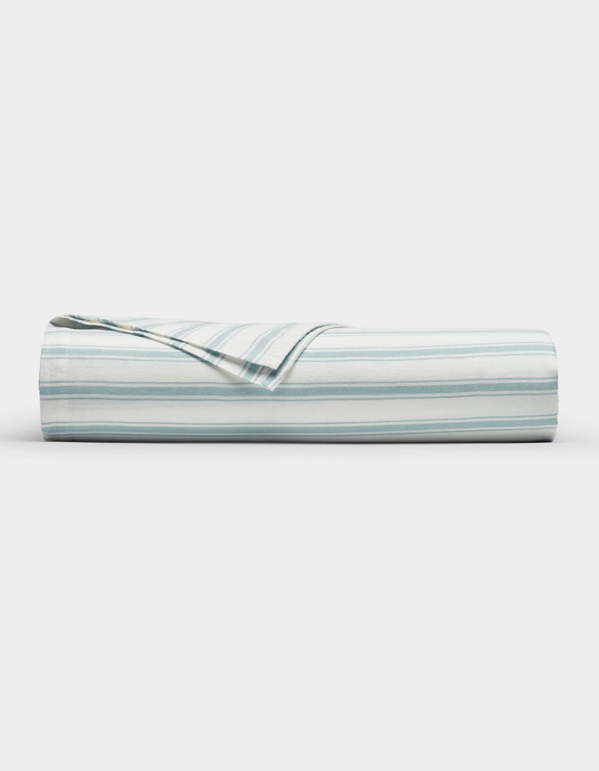 The Cozy Earth Soft-Wash Cotton Sheet Set, shown neatly folded in light blue and white stripes against a plain white background.|Color:River and Sea Salt Stripe
