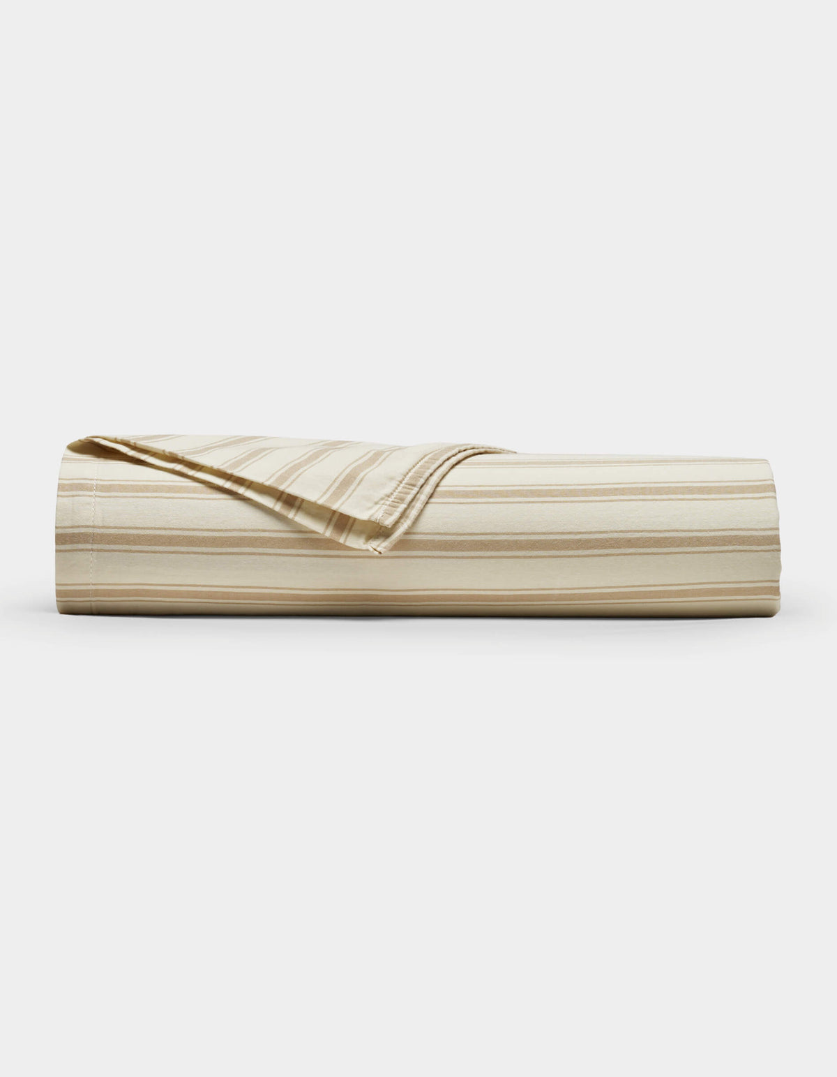 The Cozy Earth Soft-Wash Cotton Sheet Set, shown in beige and cream stripes, is neatly rolled with one corner folded back, displayed against a plain white background.|Color:Coconut and Sandalwood Stripe