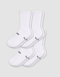 Cozy Earth Men's Essential Calf Sock 4-Pack in white, featuring black text near the toes, displayed on a light gray background.|Color:White