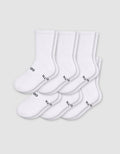 Six pairs of Cozy Earth Men's Essential Calf Socks in white are arranged in two rows on a light gray background, each featuring small black text and a symbol near the toes and ribbed cuffs.|Color:White
