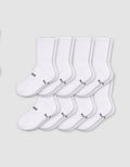 Eight pairs from the Cozy Earth Men's Essential Calf Sock 8-Pack are displayed in two neat overlapping rows on a light gray background, each featuring small black text and symbols near the toes.|Color:White