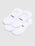 A 4-pack of white Men's Essential No-Show Socks by Cozy Earth, each pair featuring "COZY" in black, displayed on a plain white background.|Color:White