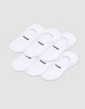 Six pairs of Cozy Earth Men's Essential No-Show Socks are stacked on a plain white background, each featuring "COZY" printed in black near the heel opening.|Color:White