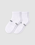 The Cozy Earth Men's Essential Quarter Sock features white ribbed cuffs and a discreet black text design on the sides, displayed against a plain light background.|Color:White
