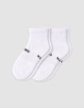 The Cozy Earth Men's Essential Quarter Sock features white ribbed cuffs and a discreet black text design on the sides, displayed against a plain light background.|Color:White