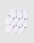 Six pairs of Cozy Earth Men’s Essential Quarter Socks in white are neatly displayed on a plain background, each featuring a ribbed cuff and black text by the toes. |Color:White