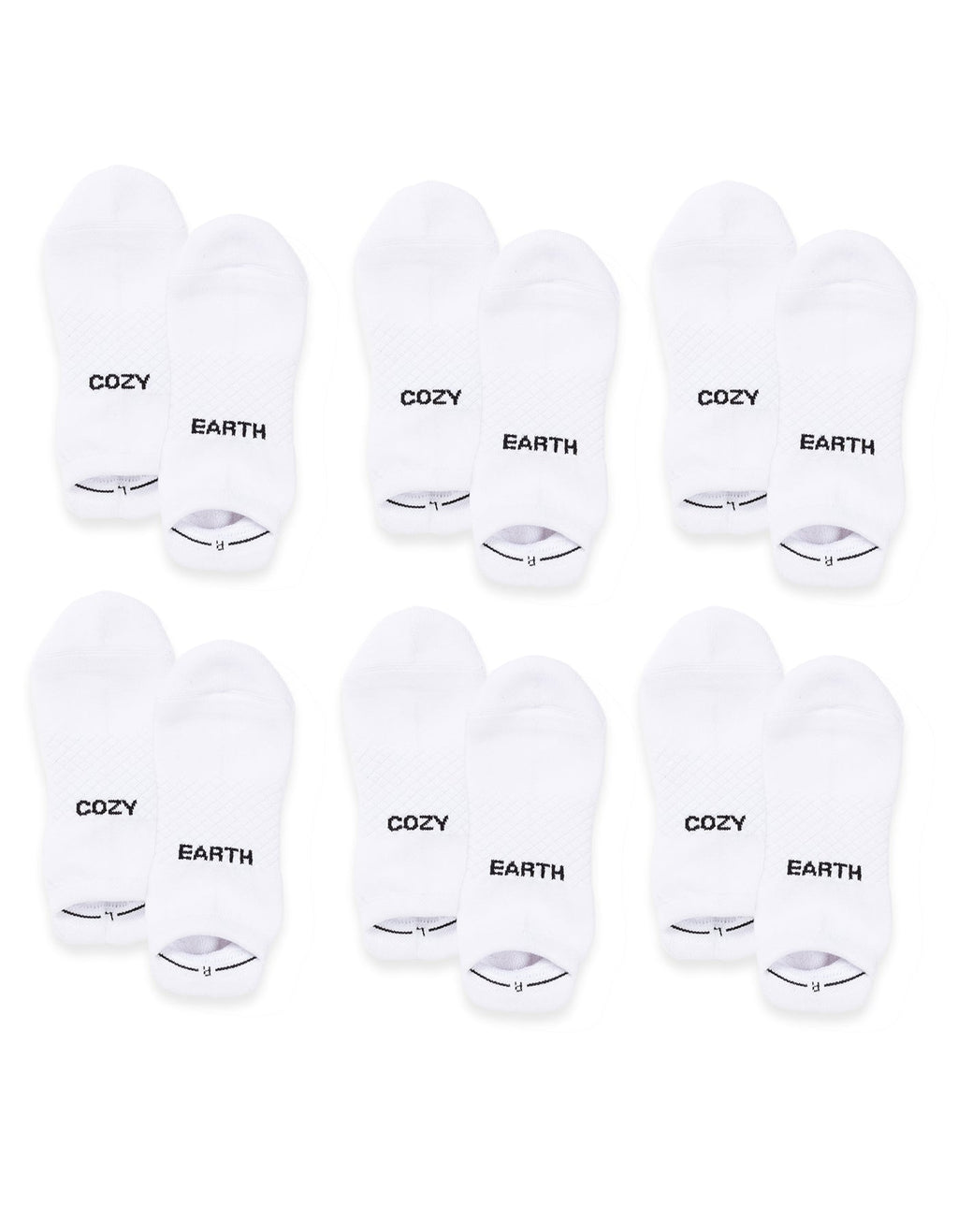 Six pairs of Cozy Earth Essential Ankle Socks are arranged in two rows on a white background. Each white sock features either "COZY" or "EARTH" in black text on top. |Color:White