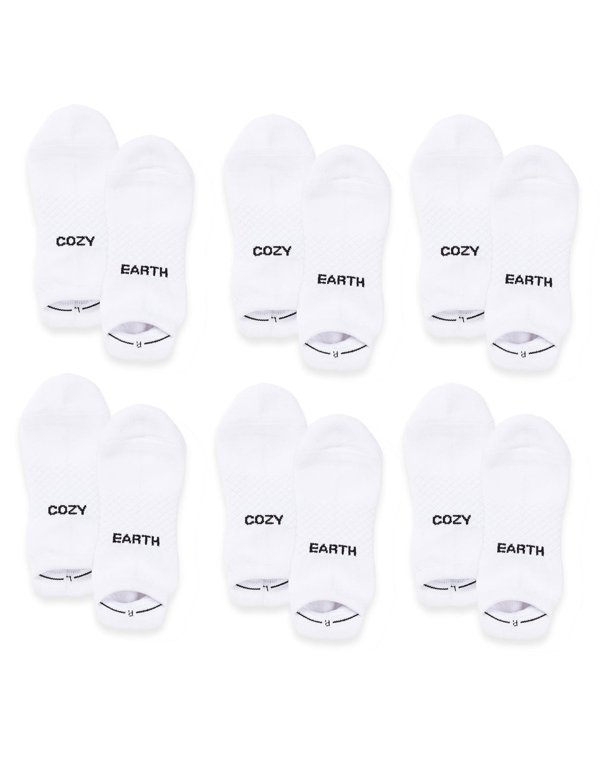 Six pairs of Cozy Earth Essential Ankle Socks are arranged in two rows on a white background. Each white sock features either "COZY" or "EARTH" in black text on top. |Color:White