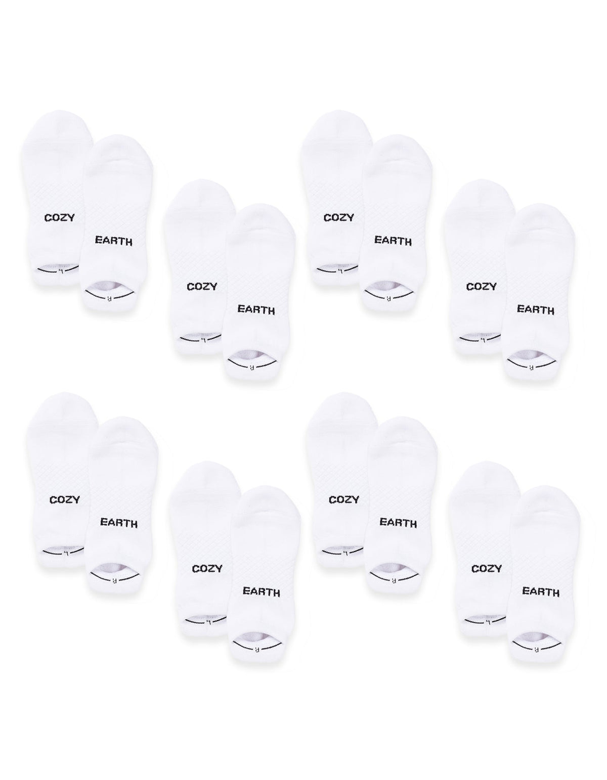 Eight pairs of white Essential Ankle Socks by Cozy Earth are arranged in rows, each with "COZY" on one sock and "EARTH" on the other in black text near the toes. |Color:White