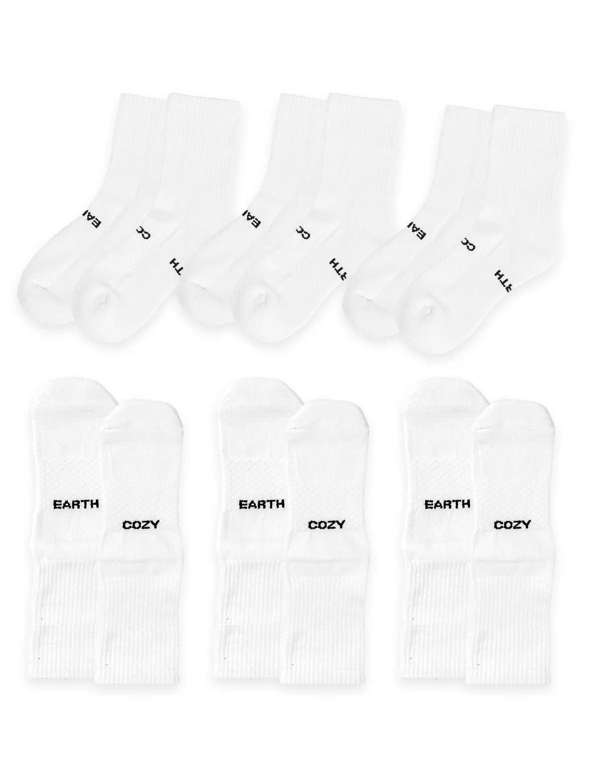 The Essential Calf Sock 6-Pack by Cozy Earth is displayed in two rows on a white background: the top row shows plain white socks, while the bottom row features socks with "EARTH" and "COZY" in black text. |Color:White