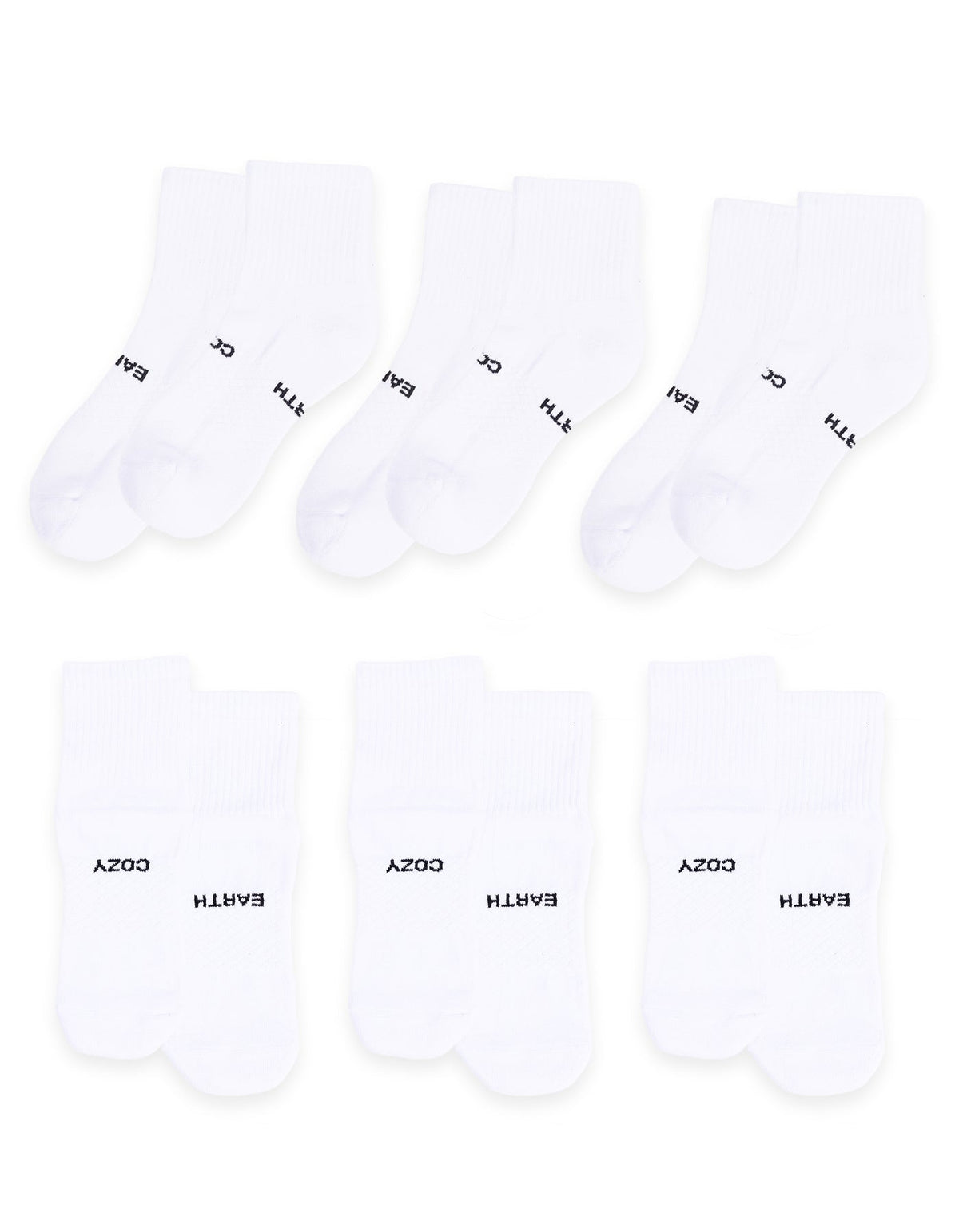 Six pairs of Cozy Earth Essential Quarter Socks are arranged in two rows, each with ribbed cuffs and "EARTH" and "COZY" printed in black on the soles. The socks are plain white and come as a 6-pack.  |Color:White
