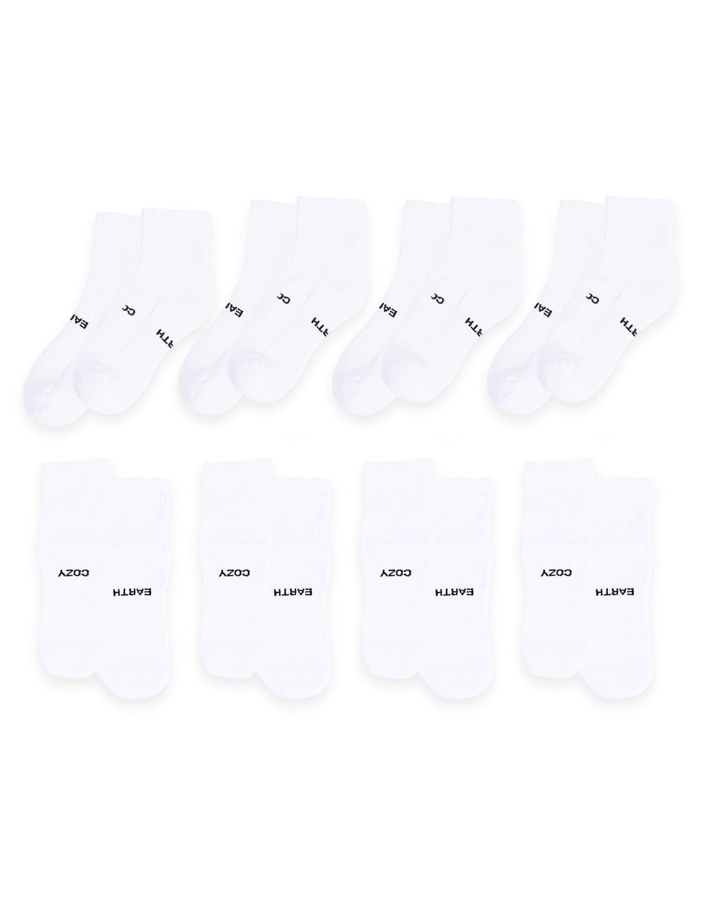 An 8-pack of white Essential Quarter Socks by Cozy Earth, each pair laid out flat with "EARTH" and "COZY" printed in black on the cuffs. |Color:White