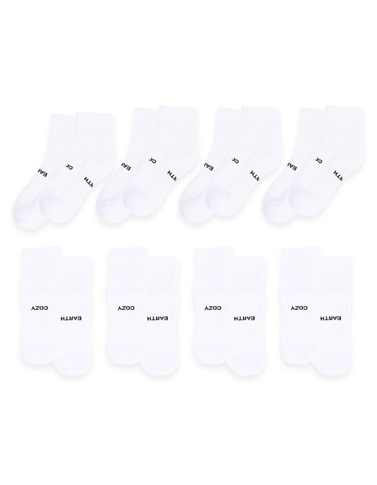 An 8-pack of white Essential Quarter Socks by Cozy Earth, each pair laid out flat with "EARTH" and "COZY" printed in black on the cuffs. |Color:White